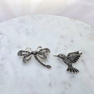 Silver Tone and Black Hummingbird and Dragonfly Brooches